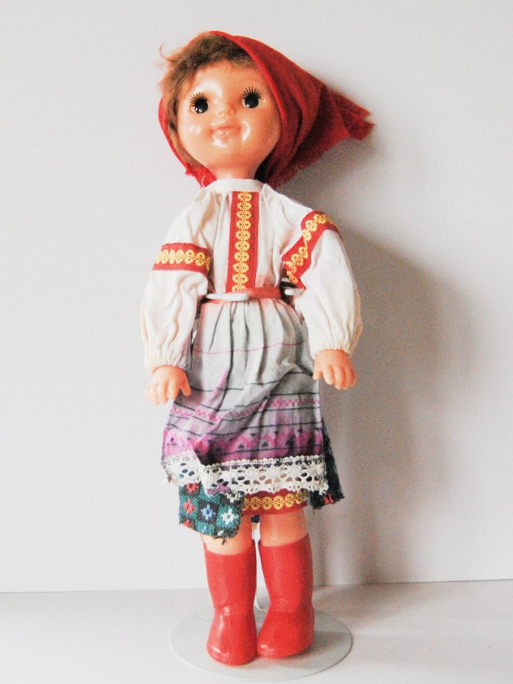 Vintage Soviet Russian Ukraine Plastic  Doll 15" inch Native Costume w/stand